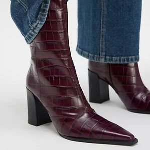 Schutz Burgundy Croc-Embossed Ankle Boots